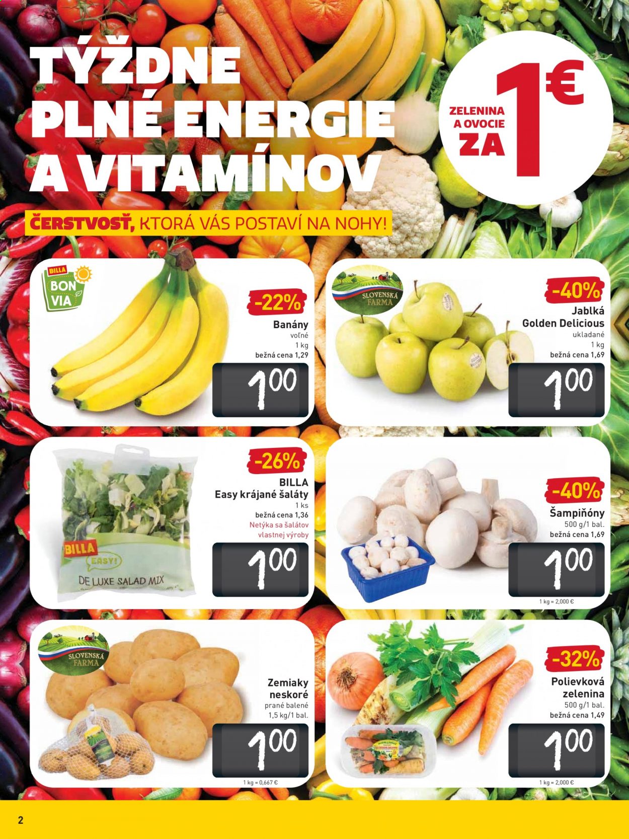 thumbnail - Leták Billa - 14.4.2021 - 20.4.2021 - Produkty v akcii - banány, šalát, šampiňóny, Golden Delicious, jablká, polievková zelenina, zemiaky. Strana 2.