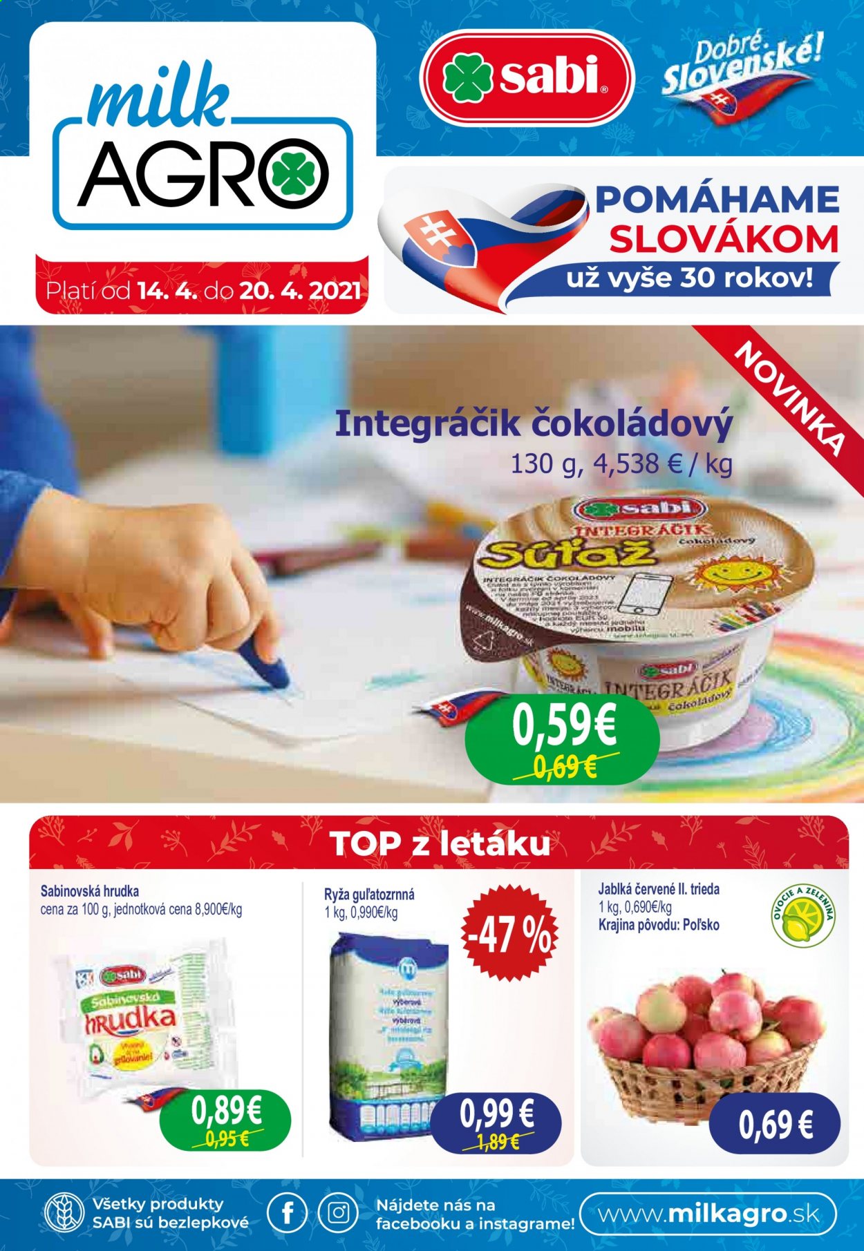 thumbnail - Leták Milk AGRO - 14.4.2021 - 20.4.2021 - Produkty v akcii - červené jablká, jablká, Sabinovská Hrudka, ryža, ryža guľatozrnná, smotanový jogurt. Strana 1.