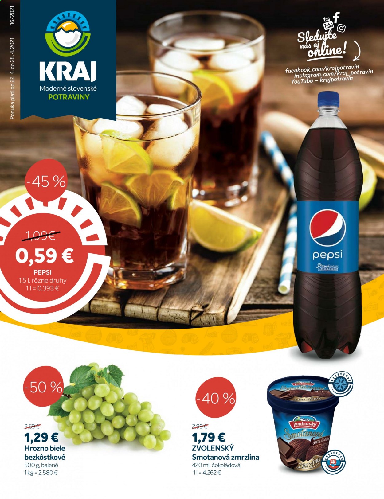 thumbnail - Leták Kraj - 22.4.2021 - 28.4.2021 - Produkty v akcii - zmrzlina, hrozno, Pepsi. Strana 1.