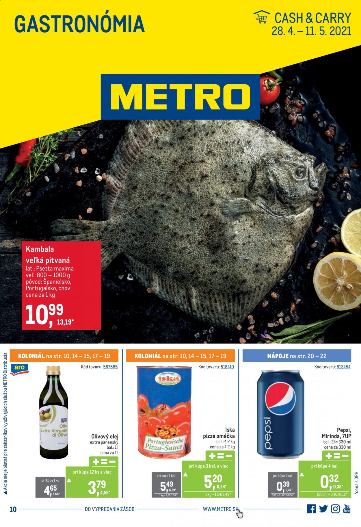 thumbnail - Leták Metro - 28.4.2021 - 11.5.2021 - Produkty v akcii - kambala, paradajková omáčka, 7UP, Mirinda, Pepsi, olej, olivový olej. Strana 1.