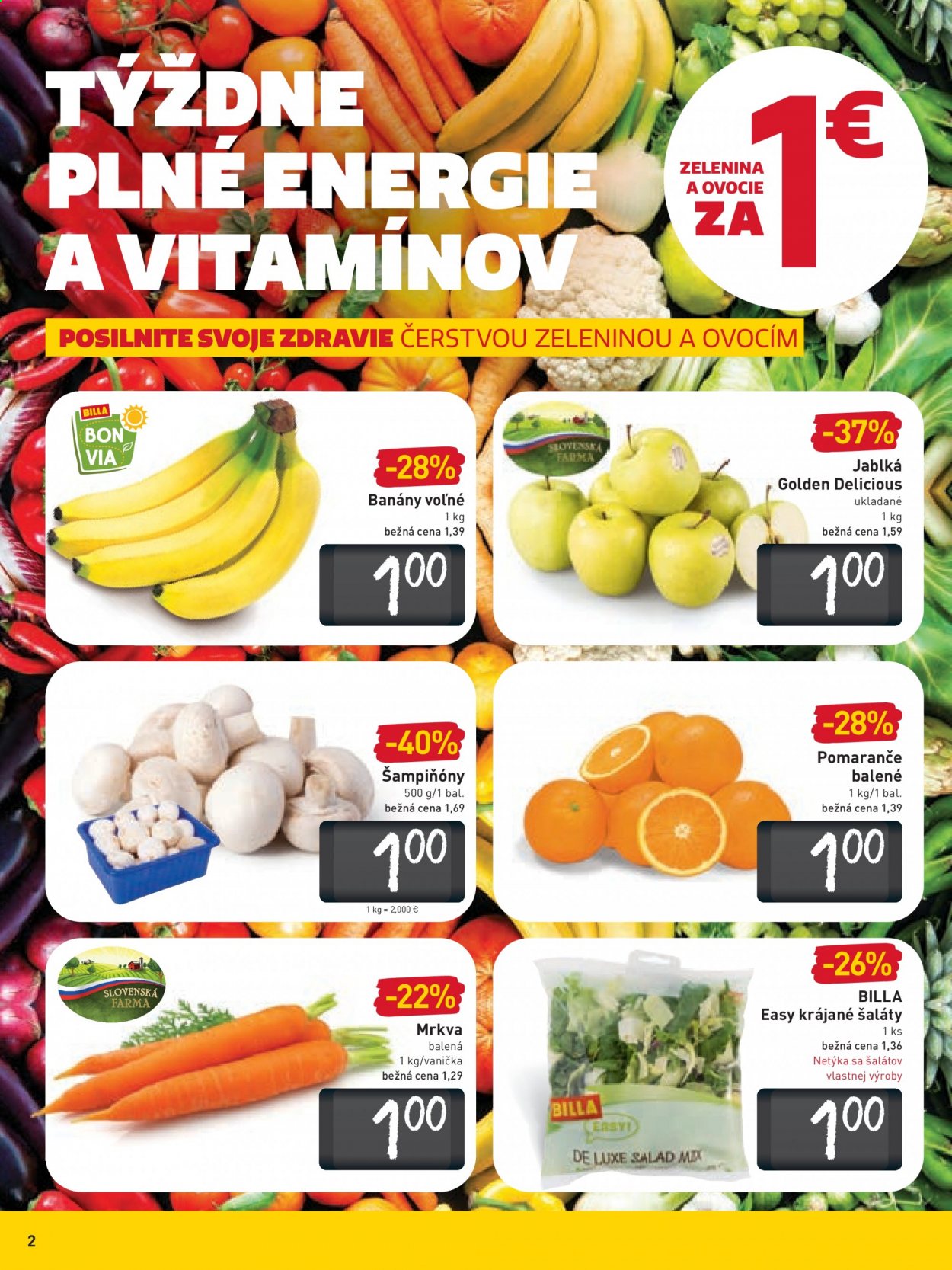 thumbnail - Leták Billa - 28.4.2021 - 4.5.2021 - Produkty v akcii - banány, šampiňóny, pomaranče, šalát, Golden Delicious, jablká, mrkva. Strana 2.