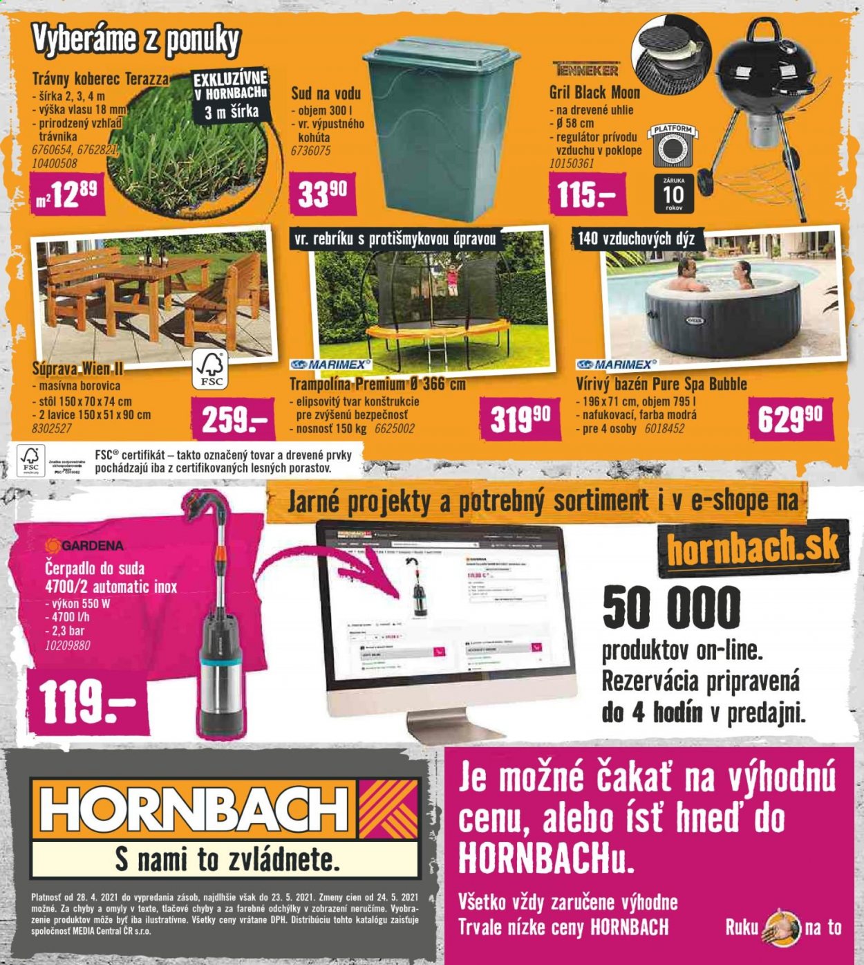 thumbnail - Leták Hornbach - 28.4.2021 - 23.5.2021 - Produkty v akcii - stôl, koberec, nafukovacia vírivka, čerpadlo, bazén. Strana 32.