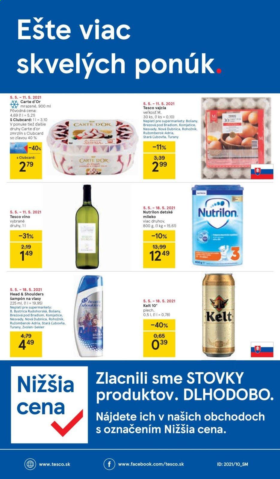 thumbnail - Leták TESCO supermarket - 5.5.2021 - 11.5.2021 - Produkty v akcii - mlieko, vajcia, zmrzlina, Carte d'Or, víno, alkohol, Kelt, pivo, Nutrilon, šampón, Head & Shoulders. Strana 8.
