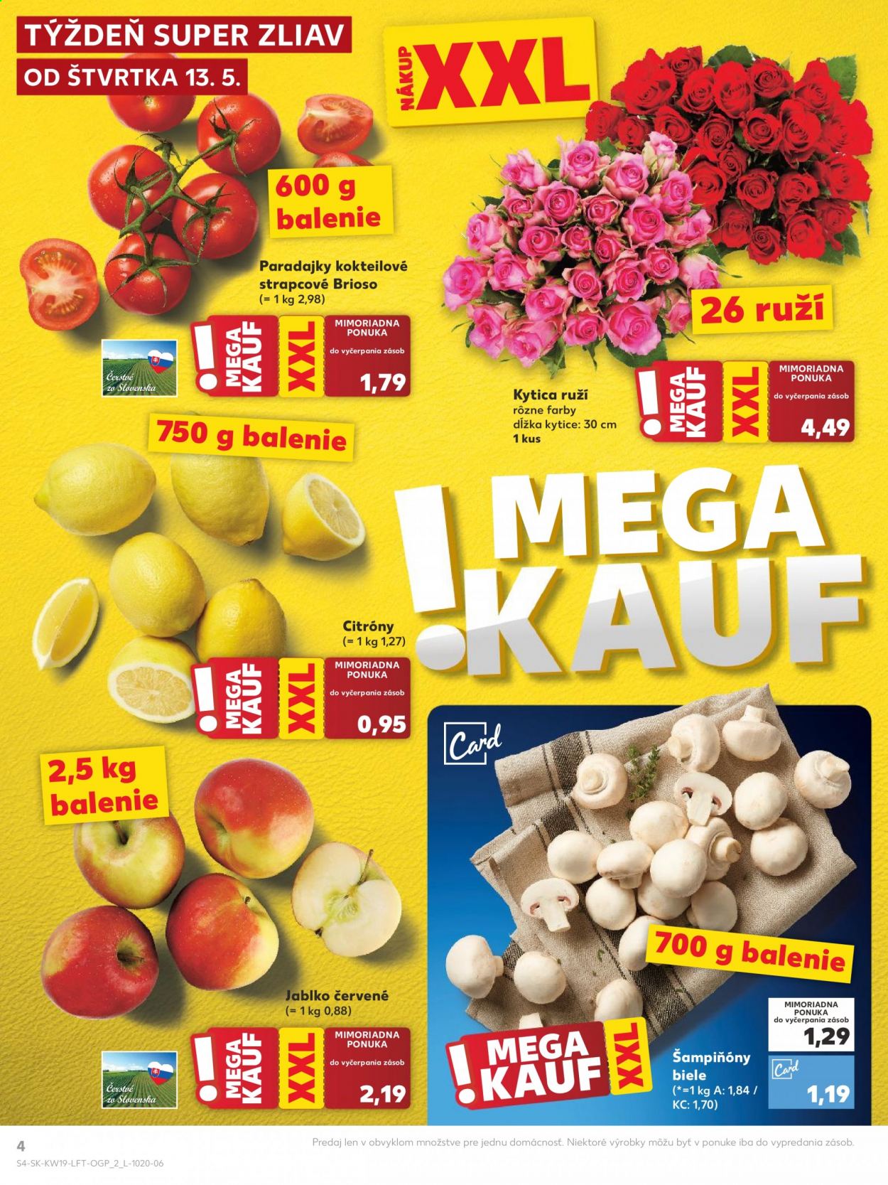 thumbnail - Leták Kaufland - 13.5.2021 - 19.5.2021 - Produkty v akcii - koktejlové paradajky, paradajky, citróny, jablká, kytica, šampiňóny. Strana 4.