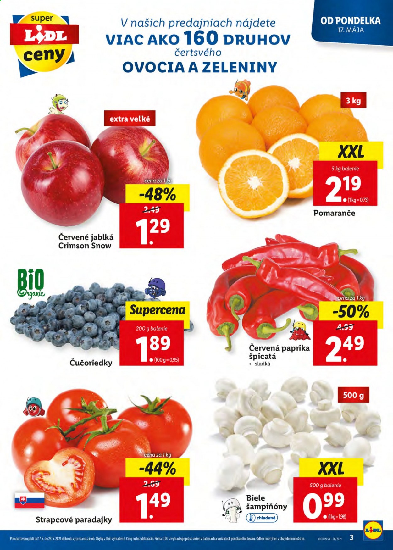 thumbnail - Leták Lidl - 17.5.2021 - 23.5.2021 - Produkty v akcii - paradajky, koktejlové paradajky, paprika zeleninová červená, jablká, pomaranče, čučoriedky, červené jablká, šampiňóny. Strana 3.