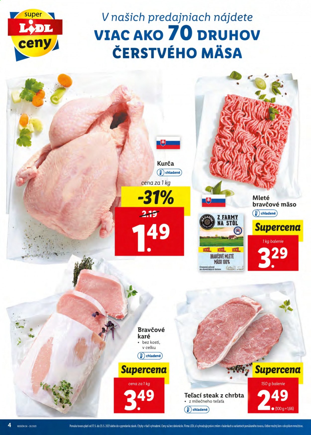 thumbnail - Leták Lidl - 17.5.2021 - 23.5.2021 - Produkty v akcii - kuracie mäso, kurča, mleté mäso, mleté bravčové mäso, bravčové karé. Strana 4.