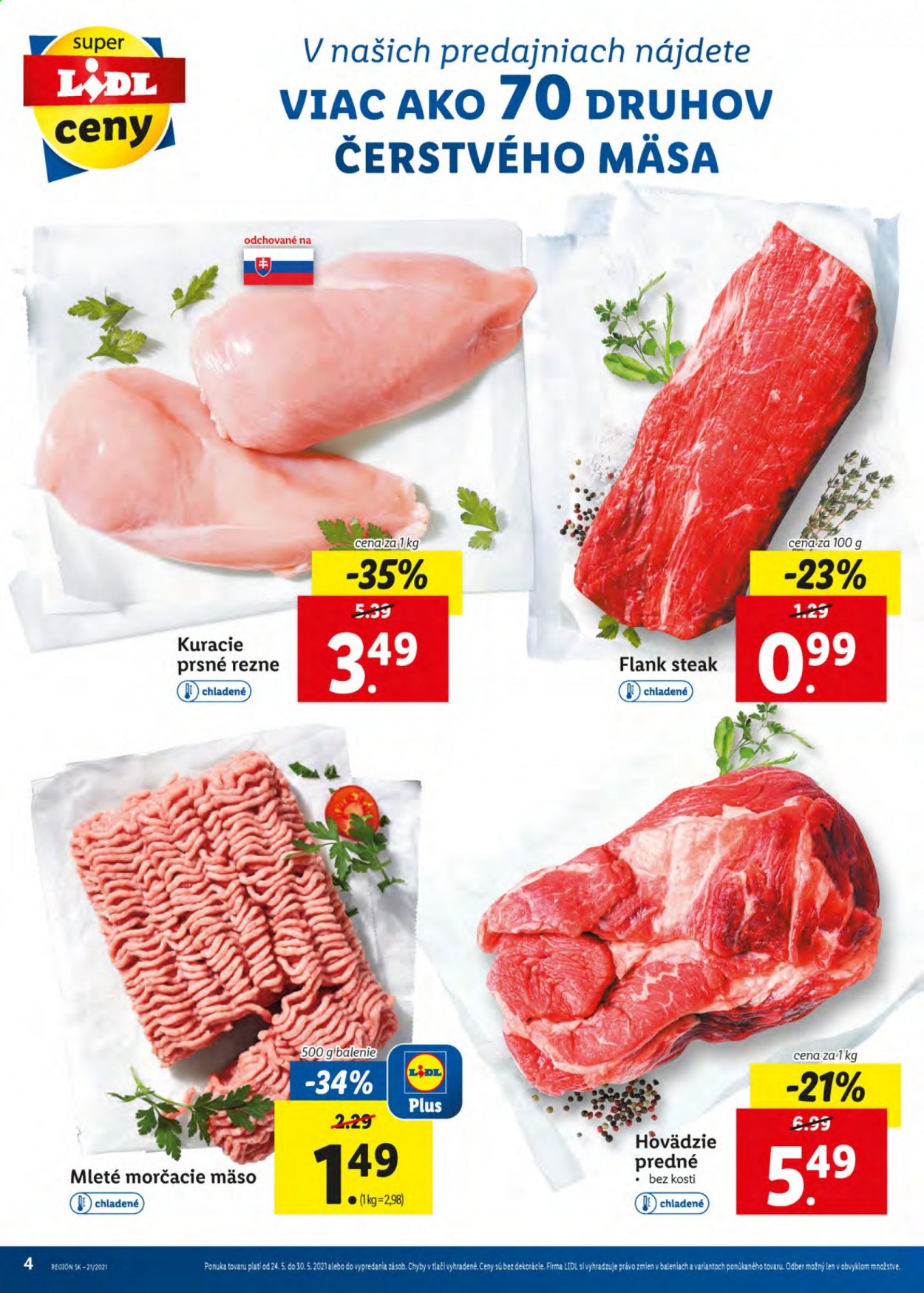 thumbnail - Leták Lidl - 24.5.2021 - 30.5.2021 - Produkty v akcii - morčacie mäso, mleté mäso, mleté morčacie mäso, hovädzie mäso, flank steak. Strana 4.