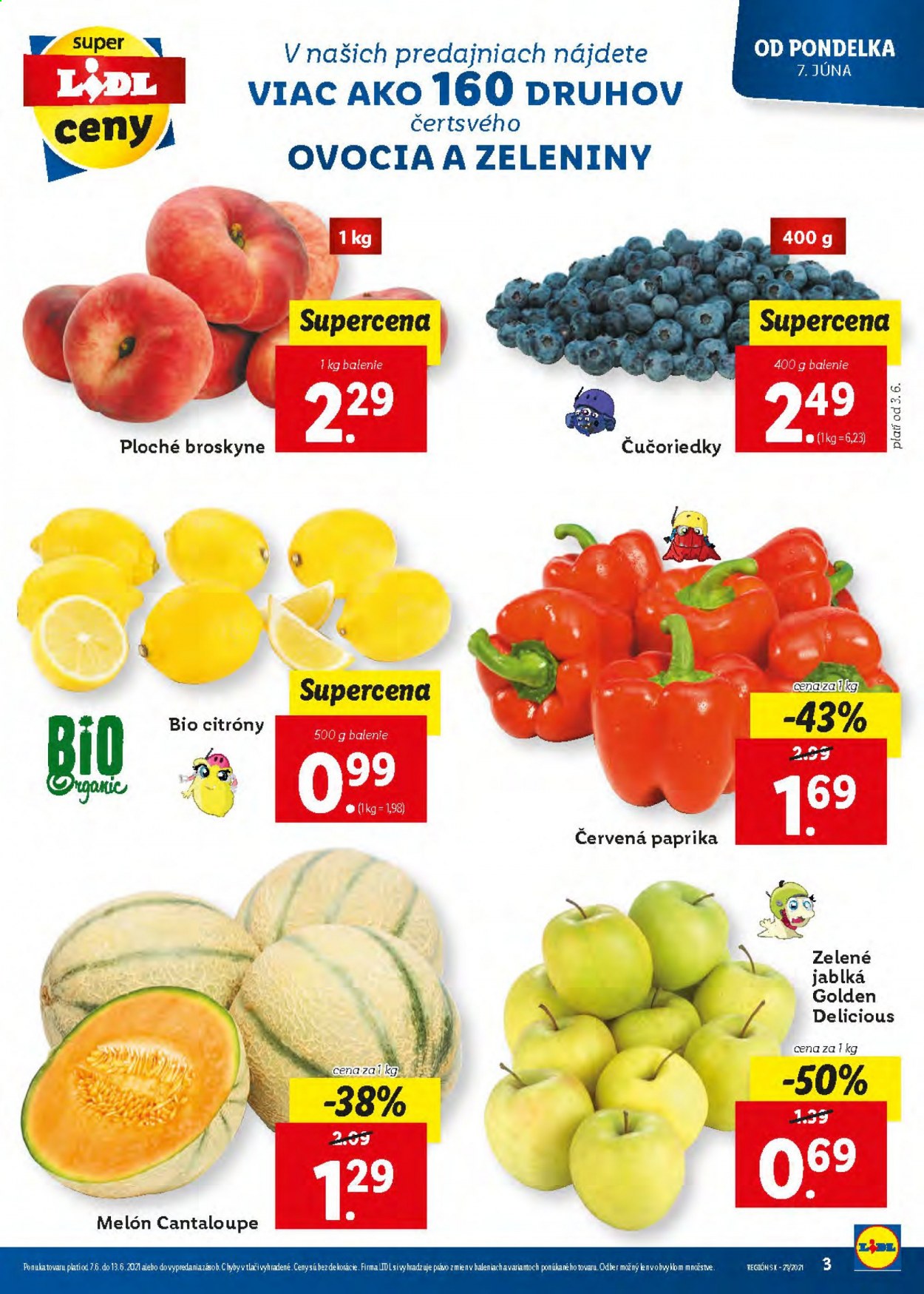 thumbnail - Leták Lidl - 7.6.2021 - 13.6.2021 - Produkty v akcii - paprika zeleninová červená, broskyne, citróny, jablká, Golden Delicious, čučoriedky, melón. Strana 3.