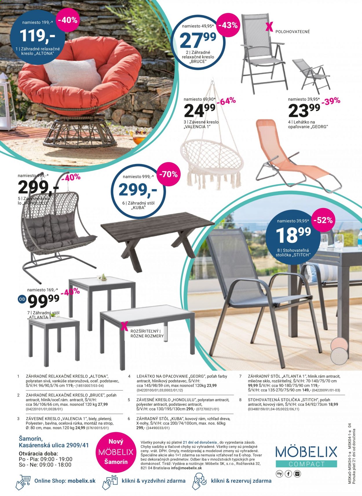 thumbnail - Leták Möbelix - 7.6.2021 - 20.6.2021 - Produkty v akcii - vankúš, stôl, stolička, relaxačné kreslo, závesné kreslo, záhradný stôl. Strana 4.