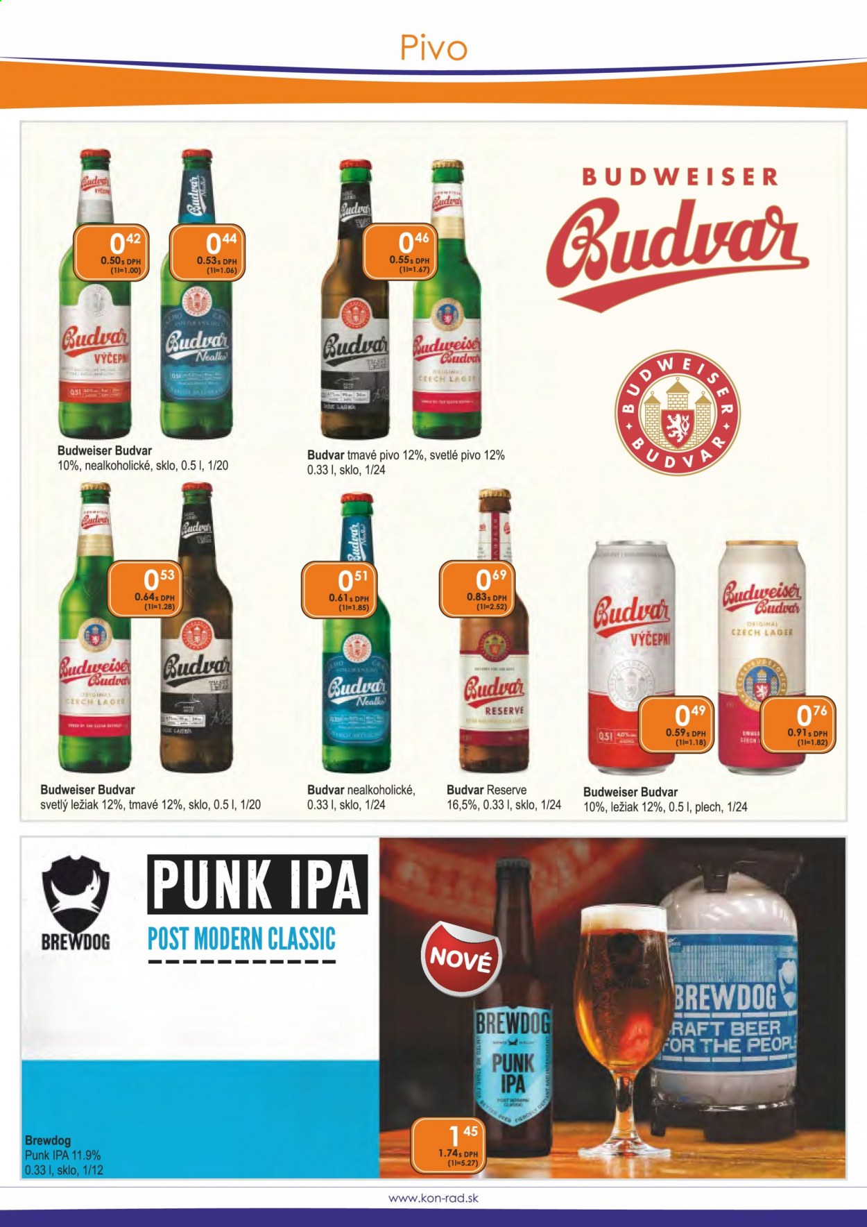 thumbnail - Leták KON-RAD - 1.6.2021 - 30.6.2021 - Produkty v akcii - alkohol, Budvar, ležiak, svetlý ležiak, svetlé pivo, IPA, tmavé pivo, pivo, BrewDog. Strana 33.