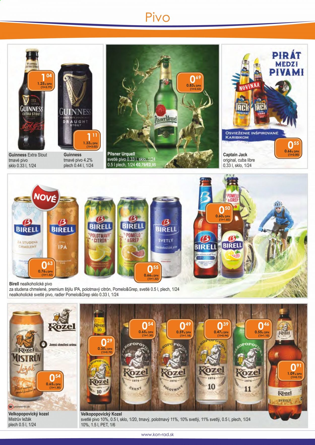 thumbnail - Leták KON-RAD - 1.6.2021 - 30.6.2021 - Produkty v akcii - Radler, Pilsner Urquell, ležiak, nealkoholické pivo, Birell, Velkopopovický Kozel, svetlé pivo, IPA, tmavé pivo, pivo, Captain Jack. Strana 34.