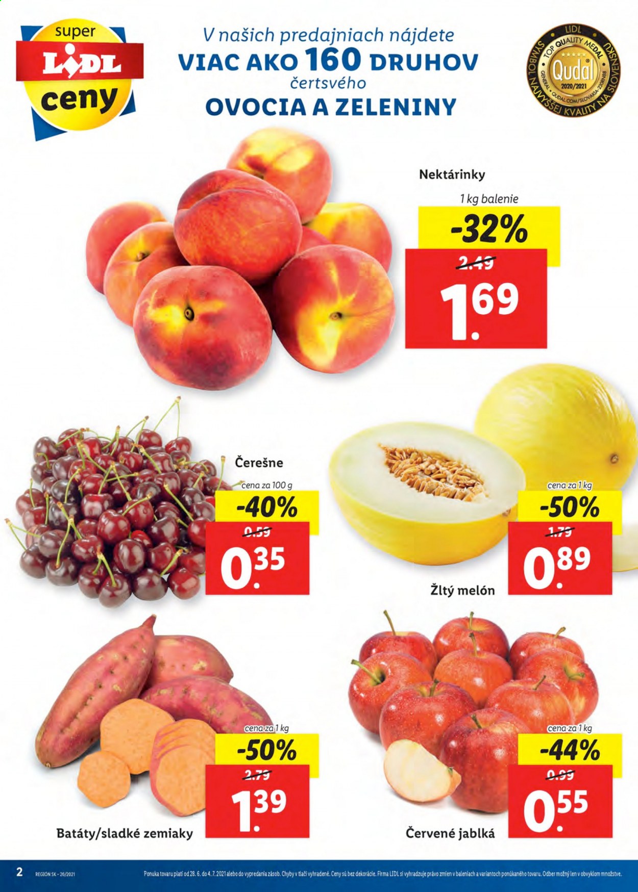 thumbnail - Leták Lidl - 28.6.2021 - 4.7.2021 - Produkty v akcii - bataty, melón žltý, jablká, červené jablká, melón, nektárinky, čerešne. Strana 2.