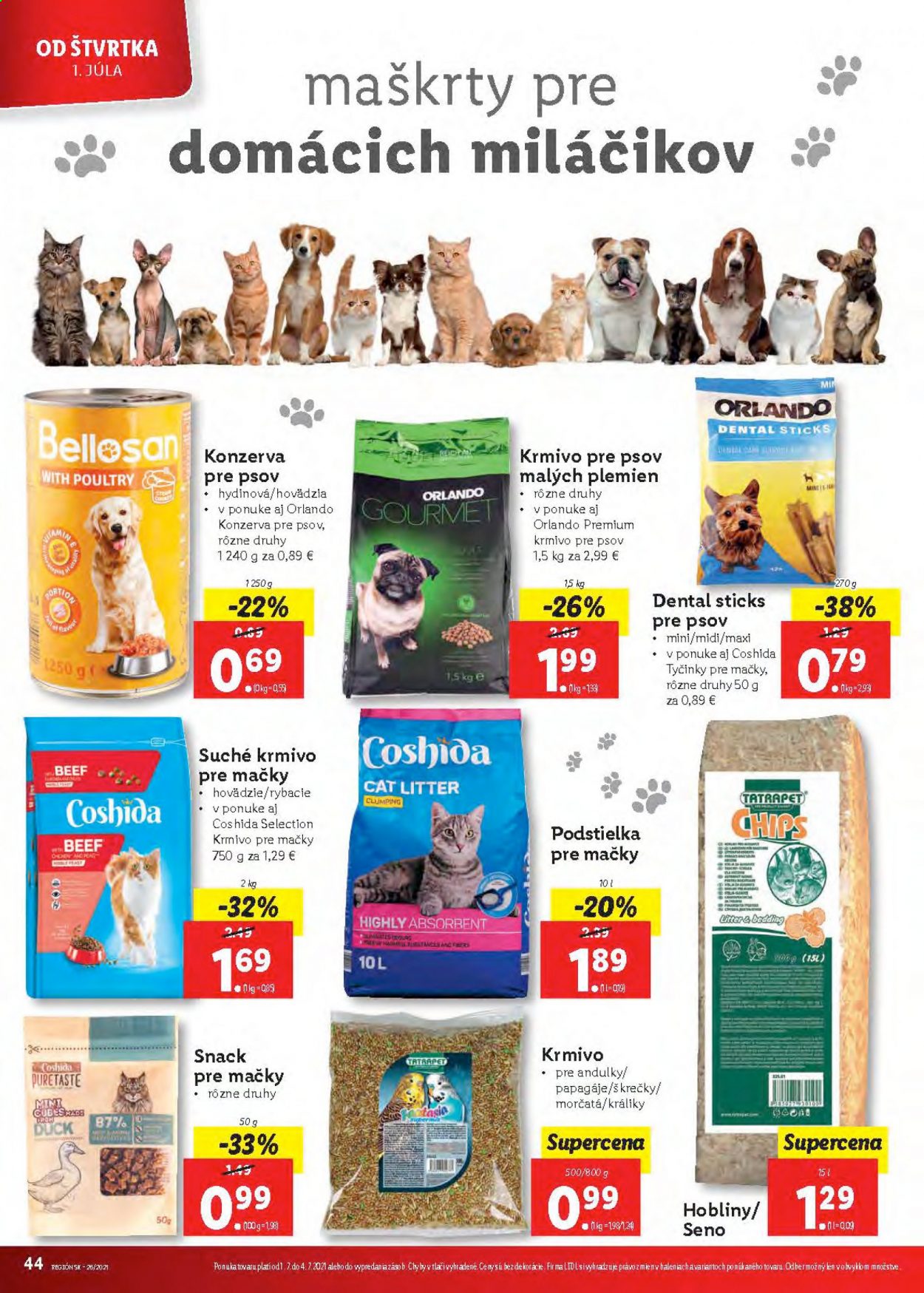 thumbnail - Leták Lidl - 28.6.2021 - 4.7.2021 - Produkty v akcii - chipsy, Duck, Coshida, podstielka, konzerva pre psov, krmivo pre psov, pochúťka pre mačky, krmivo pre mačky, maškrta, Gourmet, LG. Strana 45.