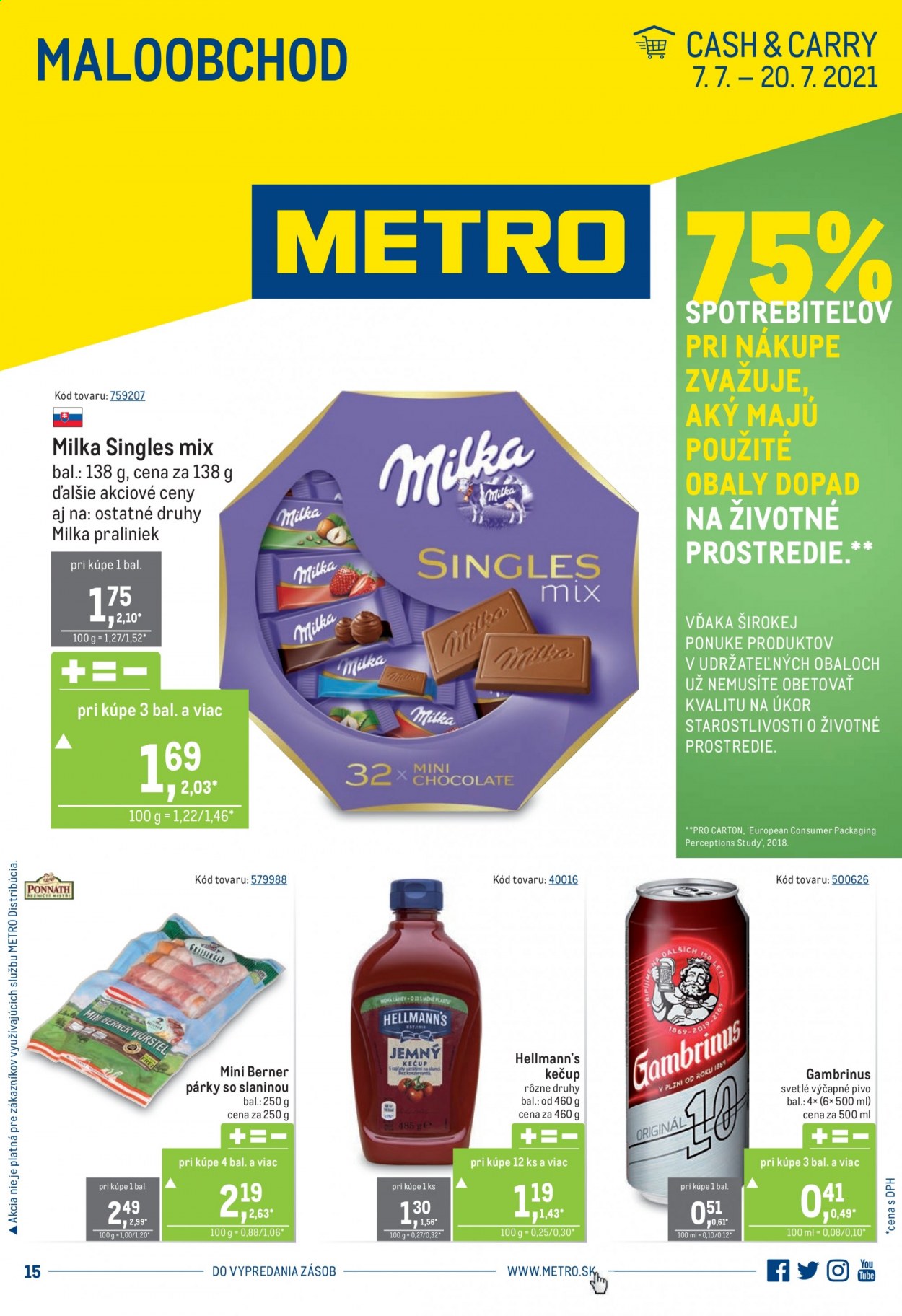 thumbnail - Leták Metro - 7.7.2021 - 20.7.2021 - Produkty v akcii - alkohol, Gambrinus, pivo, svetlé pivo, párky, Hellmann’s, kečup, bonboniéra, Milka. Strana 1.