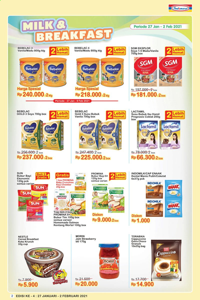 thumbnail - Promo Indomaret - 01/27/2021 - 02/02/2021 - Produk diskon - milk, indomilk, wortel, sun, salmon, nestlé, kentang, cheddar, gold, cereal, cap, cappuccino, box, bag. Halaman 1.