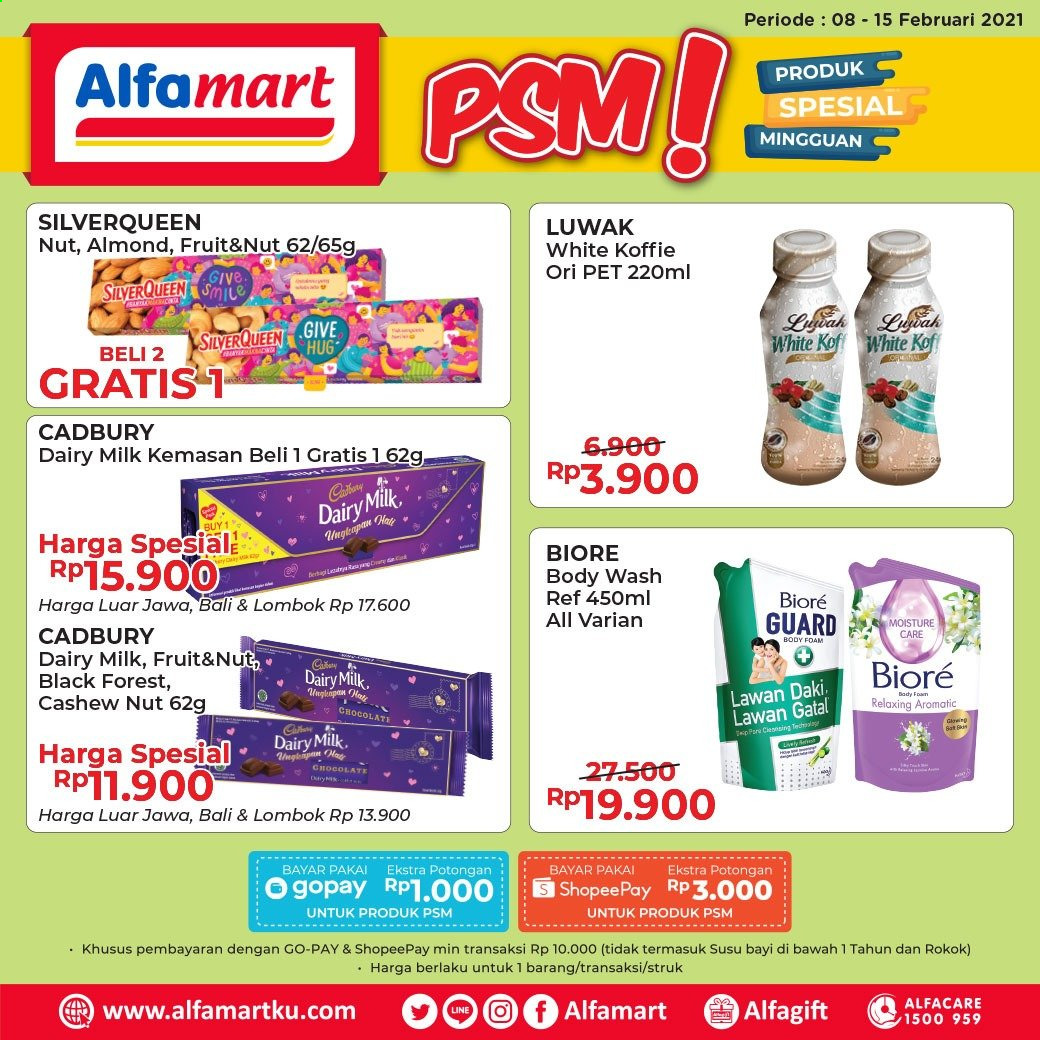 thumbnail - Promo Alfamart - 02/08/2021 - 02/15/2021 - Produk diskon - milk, fruit, body wash, tec, pet, chocolate, cadbury, body foam. Halaman 1.