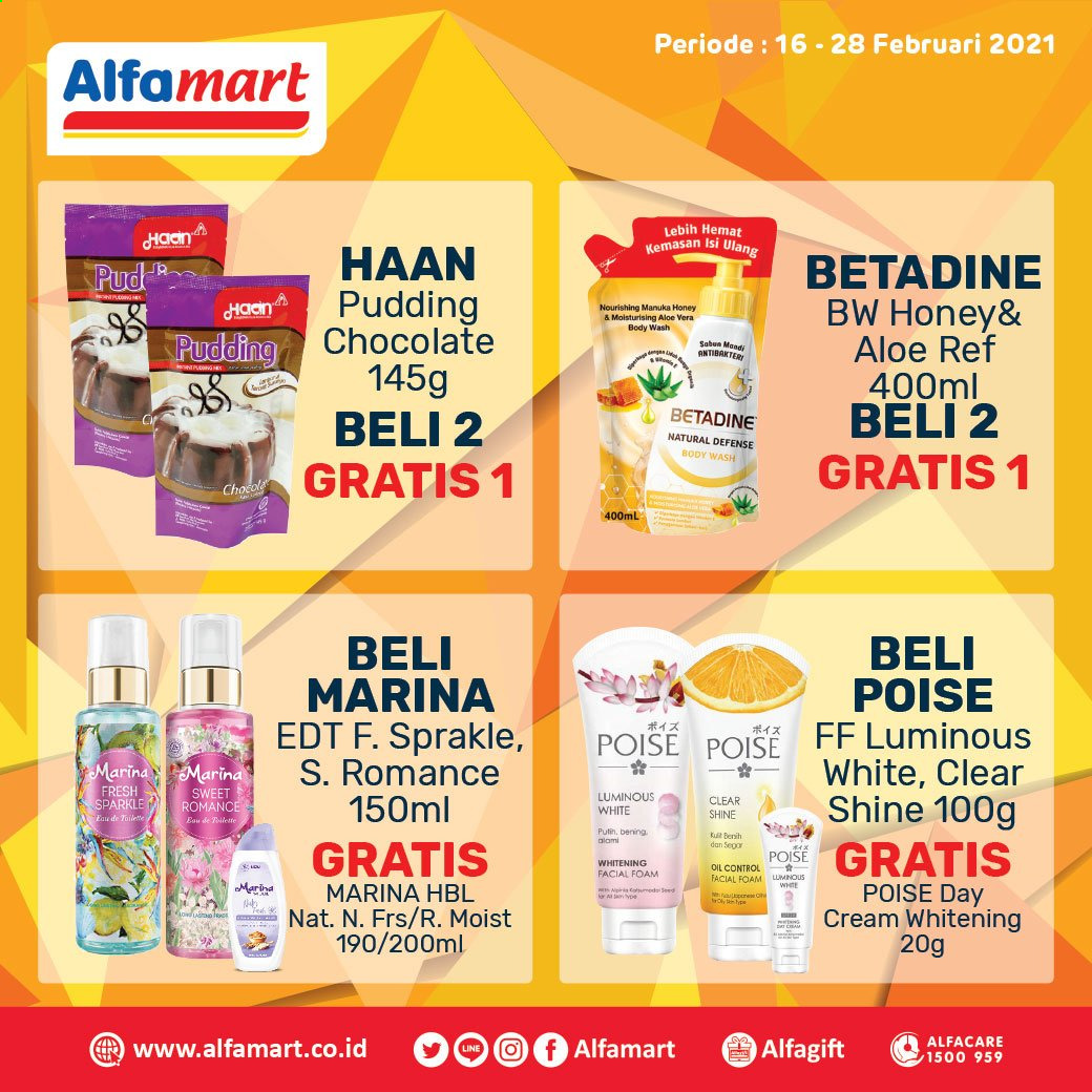 thumbnail - Promo Alfamart - 02/16/2021 - 02/28/2021 - Produk diskon - body wash, sabun, pudding, nourishing, moist, chocolate, honey, eau de toilette, day cream, aloe. Halaman 1.