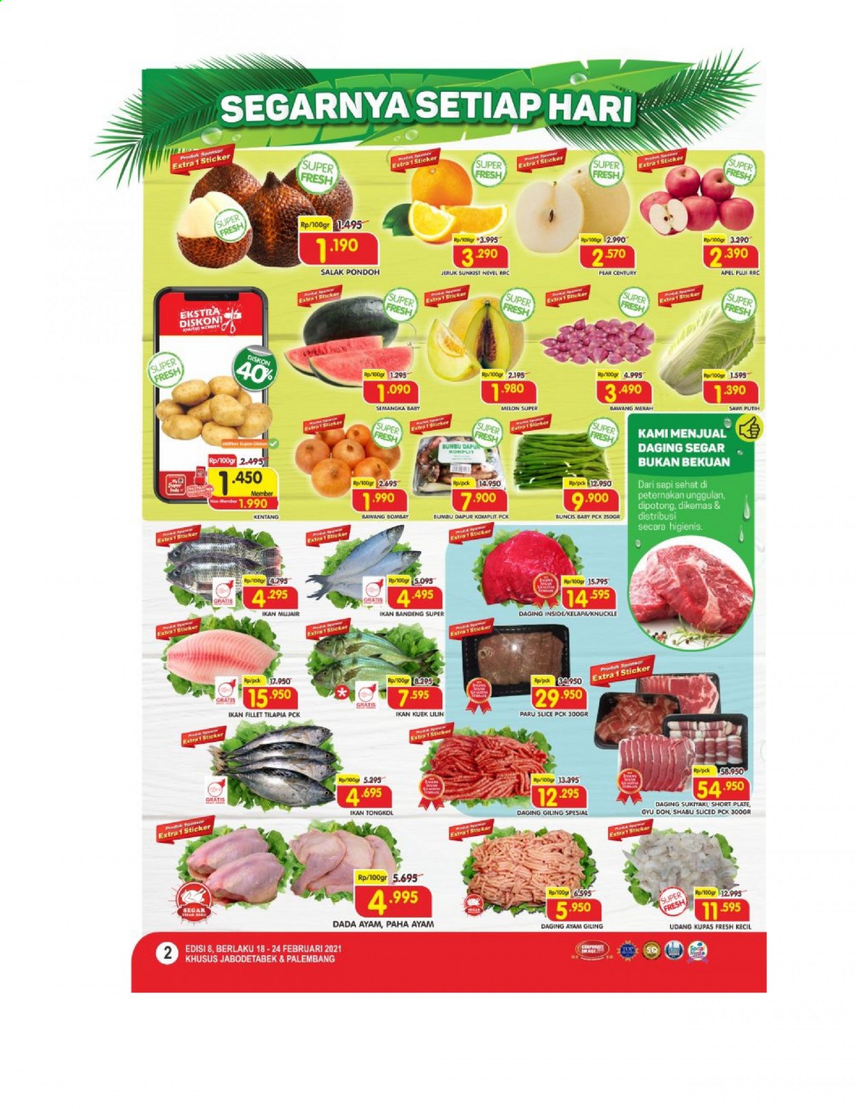 thumbnail - Promo Super INDO - 02/18/2021 - 02/24/2021 - Produk diskon - tilapia, semangka, plate, kentang, melon, jeruk, daging giling, dapur, bawang, bawang bombay, apel. Halaman 2.