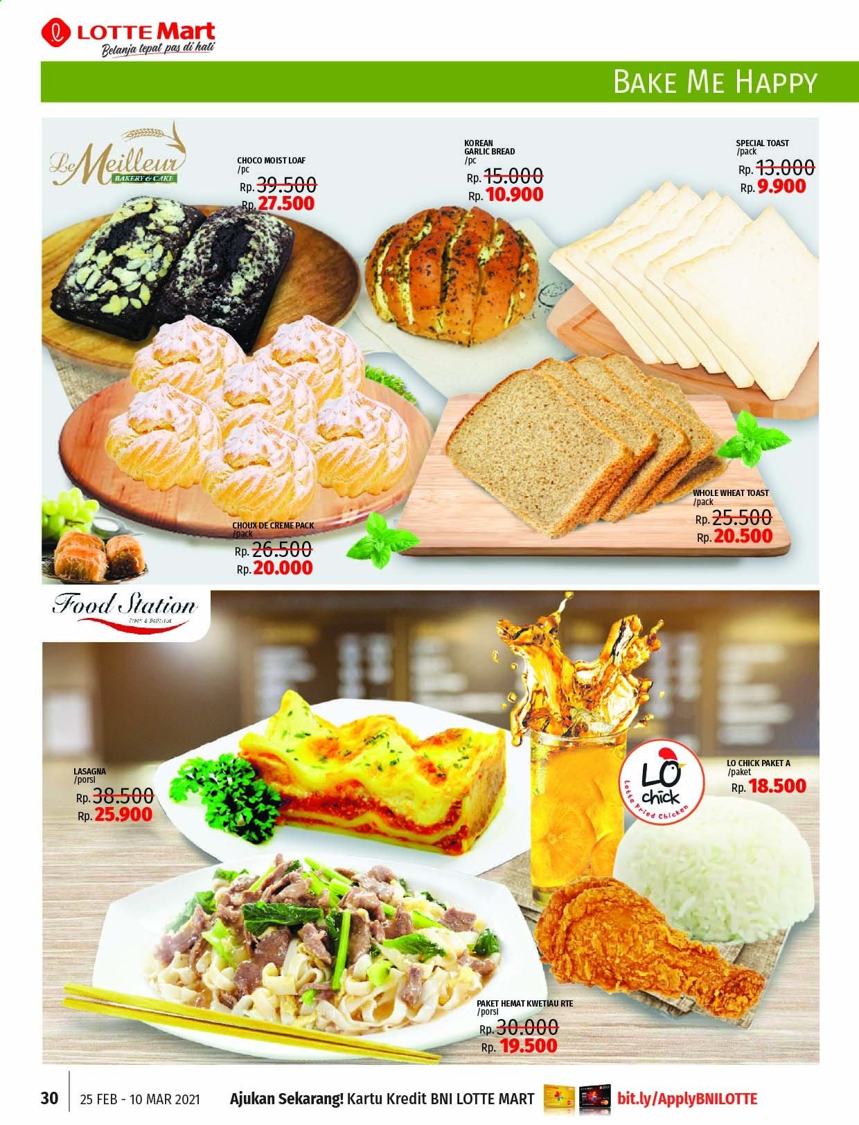 thumbnail - Promo LOTTE Mart - 02/25/2021 - 03/10/2021 - Produk diskon - chicken, moist, lasagna, garlic, crème, bread. Halaman 30.