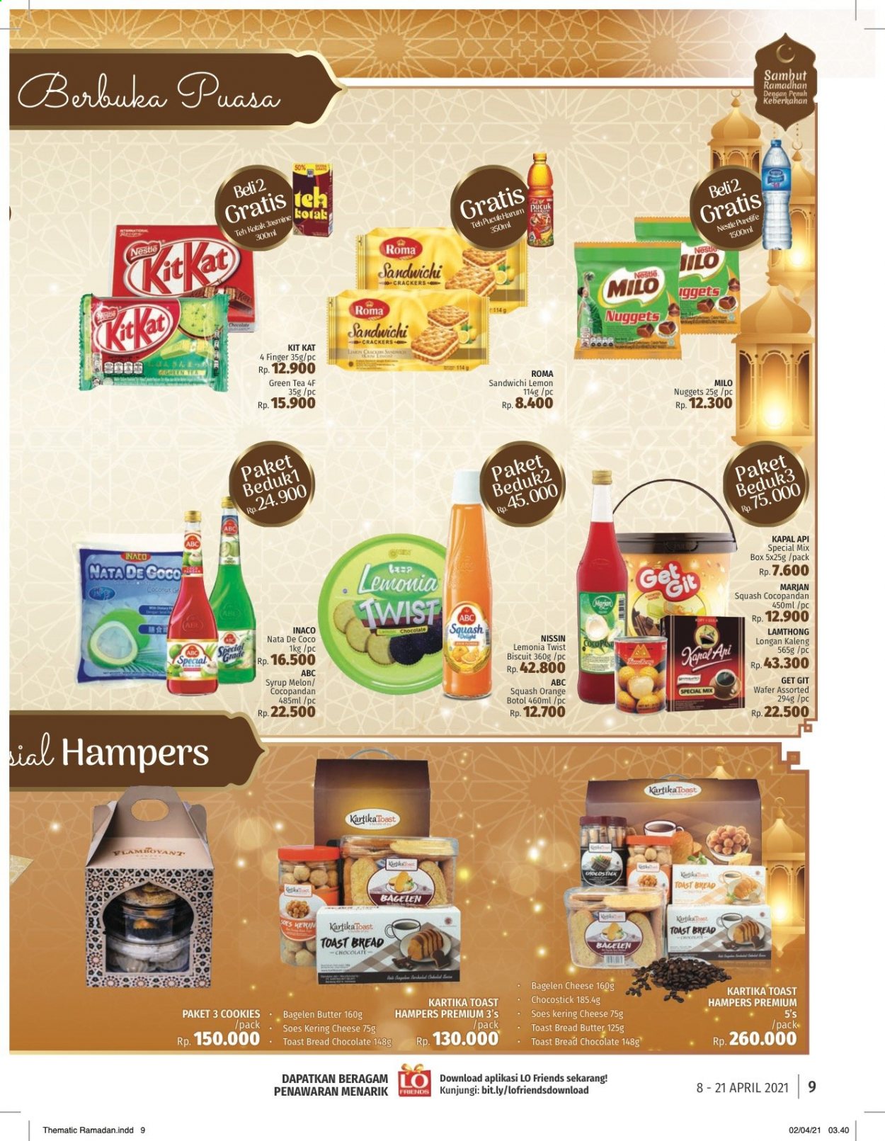 thumbnail - Promo LOTTE Mart - 04/08/2021 - 04/21/2021 - Produk diskon - wafer, tea, squash, rack, lemon, nestlé, melon, kapal, chocolate, green tea, crackers, coco, butter, biscuits, box, bread. Halaman 9.