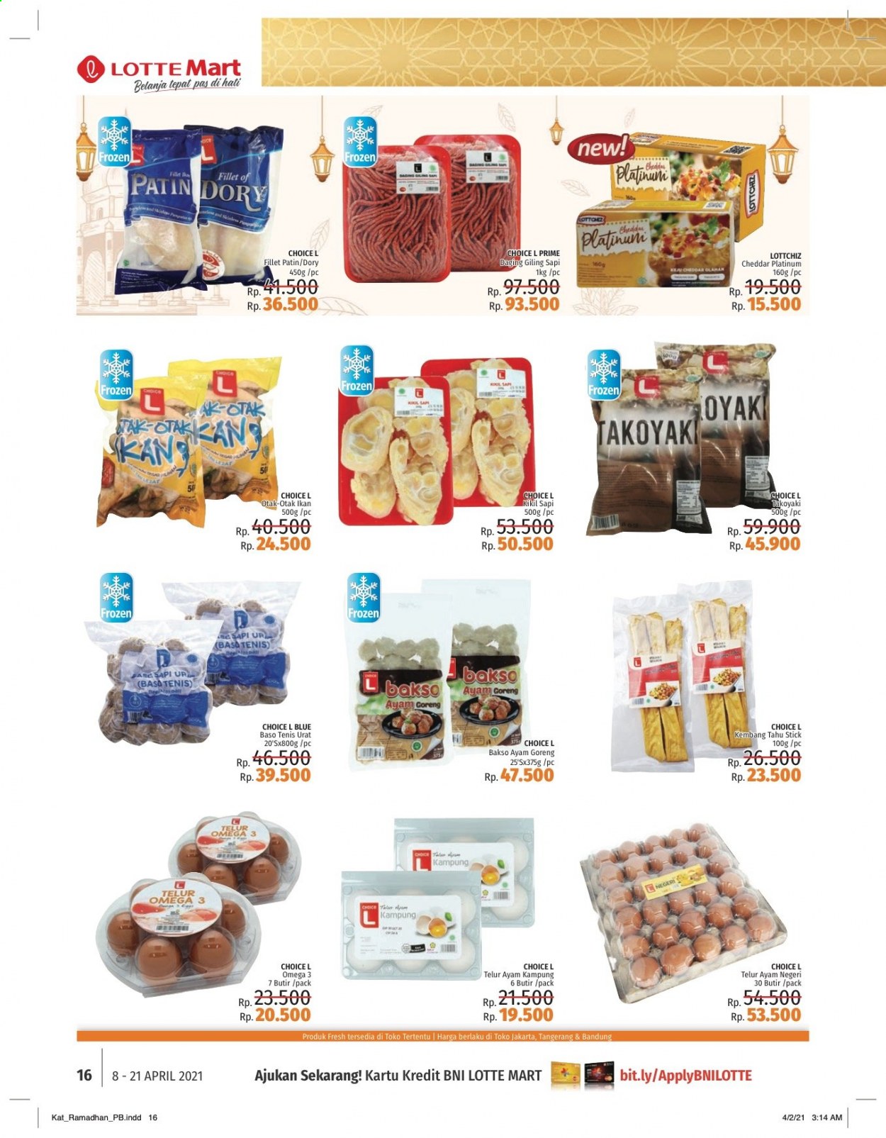 thumbnail - Promo LOTTE Mart - 04/08/2021 - 04/21/2021 - Produk diskon - goreng, telur, omega-3, cheddar, frozen, dori, daging giling, baso. Halaman 16.