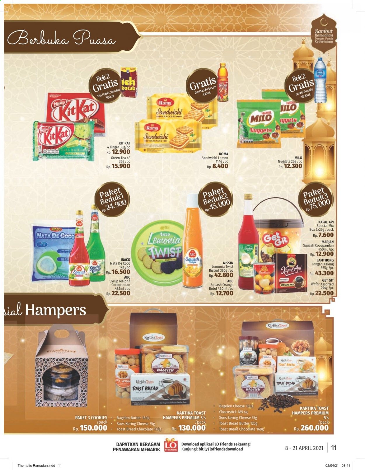 thumbnail - Promo LOTTE Mart - 04/08/2021 - 04/21/2021 - Produk diskon - wafer, tea, squash, lemon, nestlé, melon, kapal, chocolate, green tea, crackers, coco, cookies, butter, biscuits, box, bread. Halaman 11.
