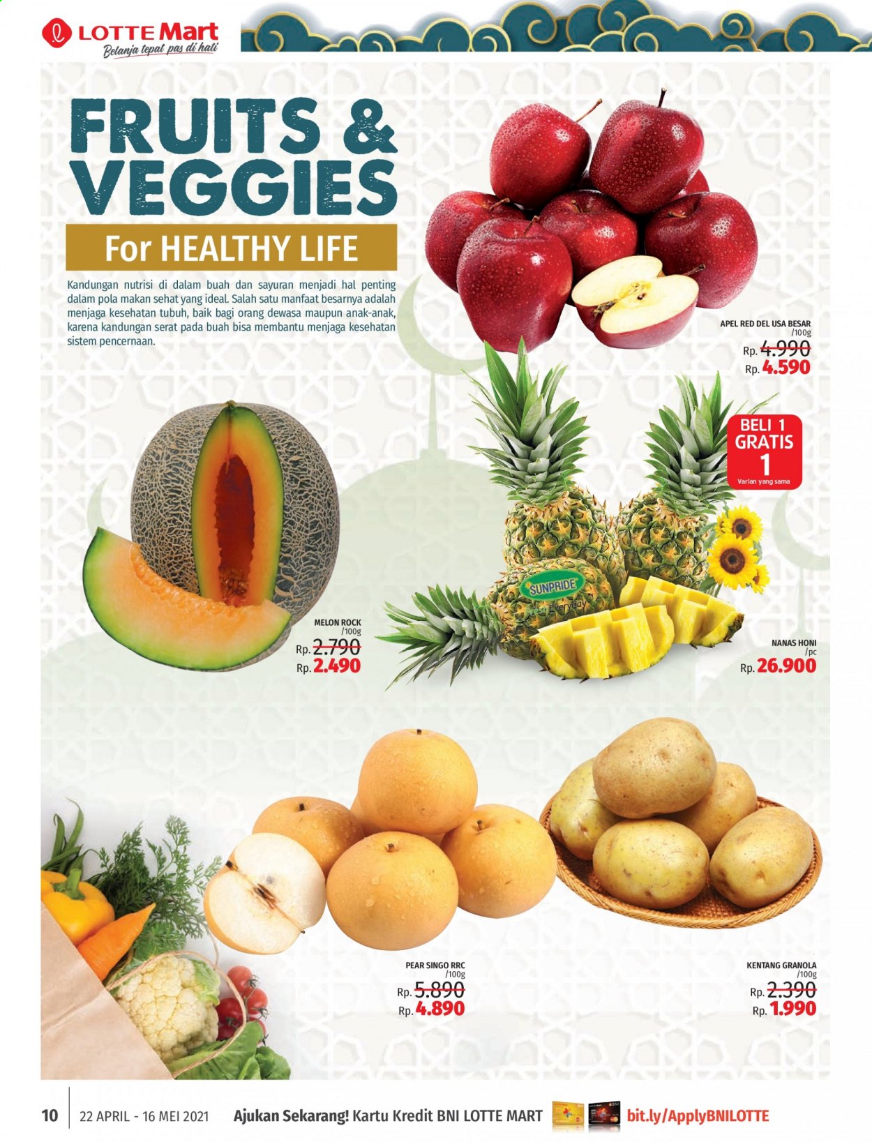 thumbnail - Promo LOTTE Mart - 04/22/2021 - 05/16/2021 - Produk diskon - fruit, nanas, kentang, melon, granola, apel, anak. Halaman 10.