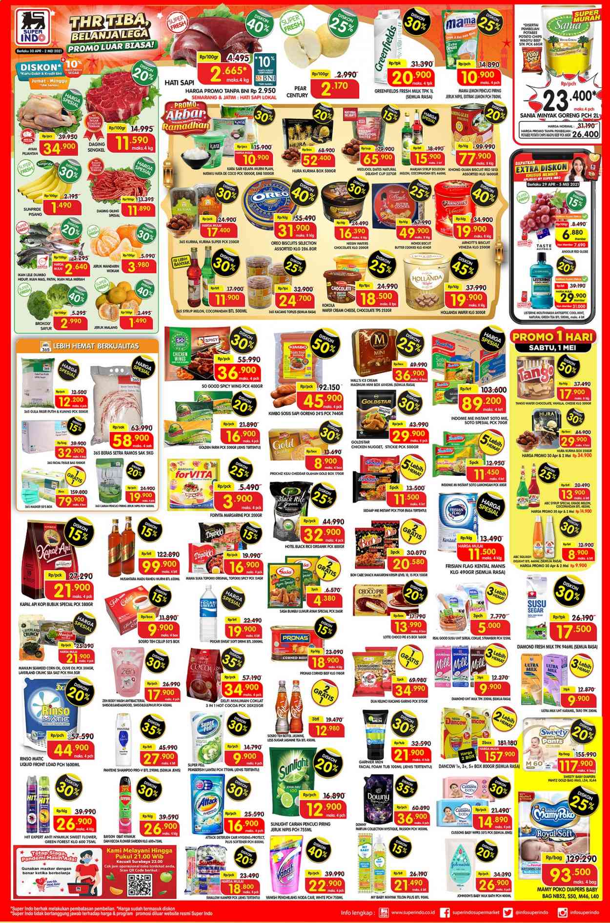 thumbnail - Promo Super INDO - 04/30/2021 - 05/02/2021 - Produk diskon - milk, tissue, rice, chicken, beef, gula pasir, kimbo sosis, goreng, body wash, wafer, wafers, wipes, toples, sugar, sunlight, swallow, sweety, tango, tango wafer, tea, softener, sosis sapi goreng, squash, rinso, red globe grapes, shampoo, potato chips, prochiz, pantene, pants, piring, pisang, lemon, listerine, magnum, mamy poko, margarine, my baby, nlg, olive oil, oreo, milk bath, mint, minyak, minyak goreng, minyak telon, mouse, melon, kapal, jeruk, jeruk nipis, kacang, ice cream, indomie, chicken wings, chips, chocolate, hit, cheddar, gula, harga mulai, forvita, garnier, gold, green tea, dolce & gabbana, downy, corn, corn oil, corned beef, cream cheese, cussons, daging giling, dates, delfi, coco, cocoa, collection, cookies, butter, beef meat, beras, biscuits, box, bag, bath, baygon, anggur, anti nyamuk, ball, drink. Halaman 1.