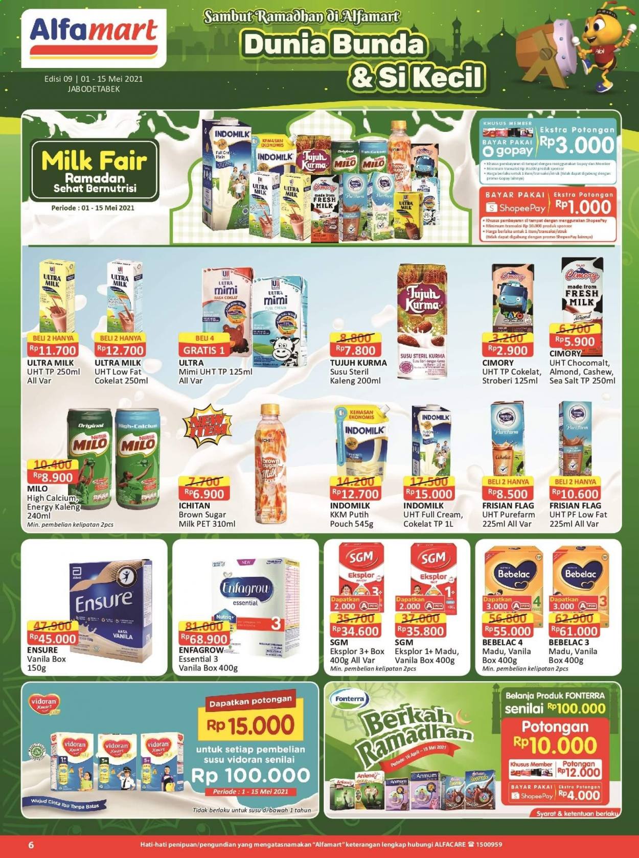 thumbnail - Promo Alfamart - 05/01/2021 - 05/15/2021 - Produk diskon - milk, indomilk, vidoran, stroberi, sugar, pet, plain milk, nestlé, nestle milo, cimory, calcium, brown sugar, box. Halaman 6.