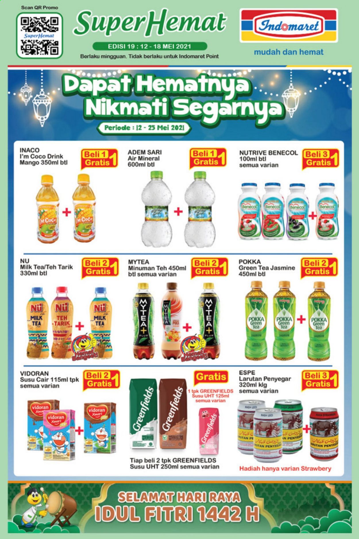 thumbnail - Promo Indomaret - 05/12/2021 - 05/18/2021 - Produk diskon - milk, vidoran, tea, mango, green tea, coco, adem sari, drink. Halaman 1.