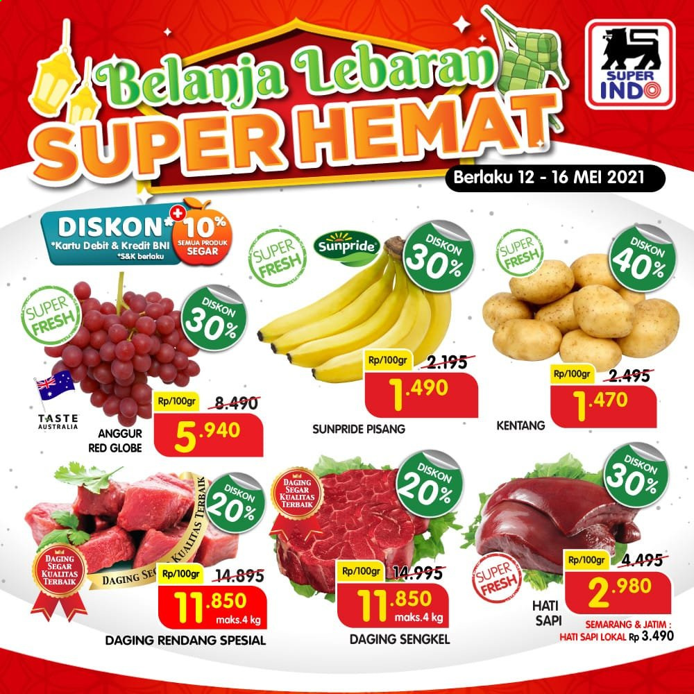 thumbnail - Promo Super INDO - 05/12/2021 - 05/16/2021 - Produk diskon - red globe grapes, rendang, pisang, kentang, daging rendang, anggur. Halaman 1.