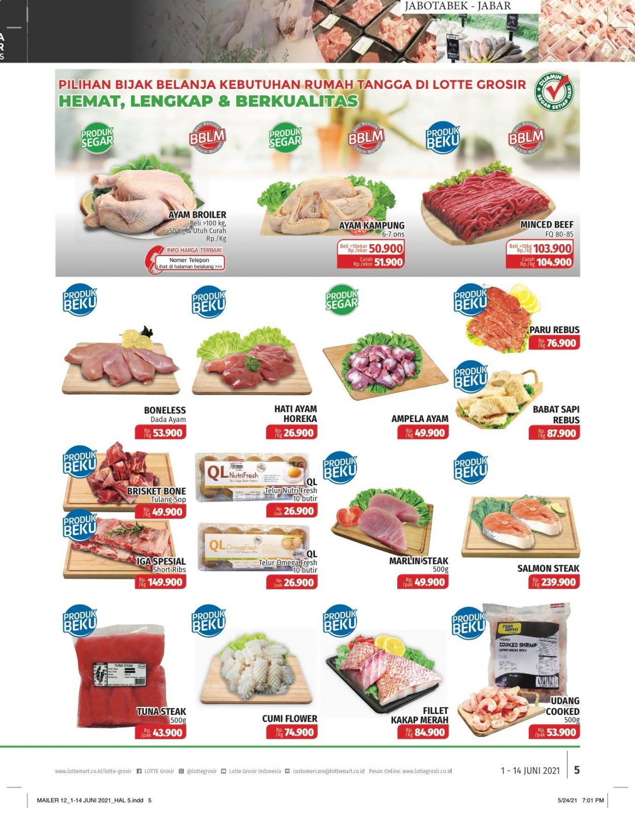 thumbnail - Promo LOTTE Grosir - 06/01/2021 - 06/14/2021 - Produk diskon - beef, tuna, tuna steak, tangga, telur, salmon, rak, marlin, kakap merah, beef meat, beef steak. Halaman 5.