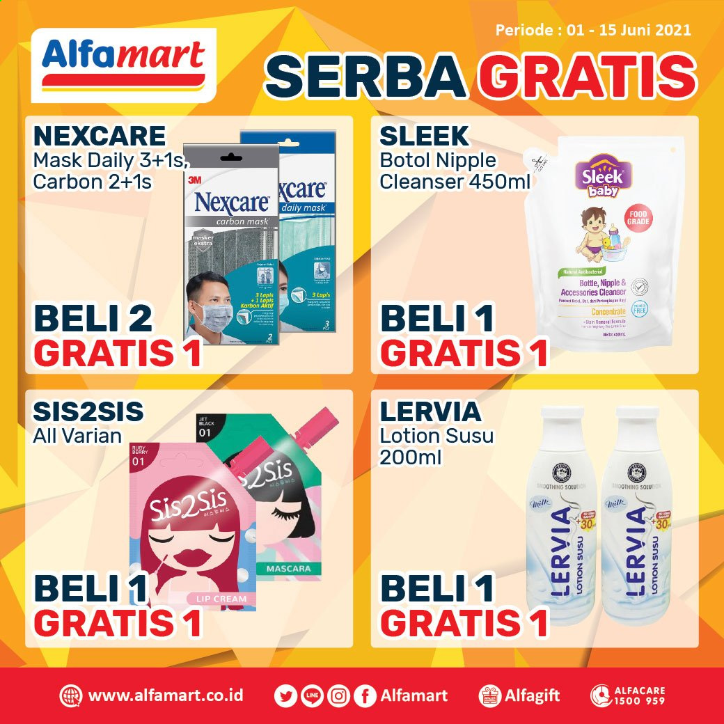 thumbnail - Promo Alfamart - 06/01/2021 - 06/15/2021 - Produk diskon - milk, sleek, lotion, mascara, mask, cleanser, bottle. Halaman 1.