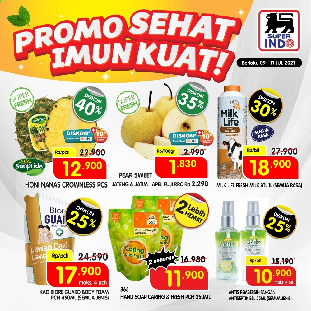 thumbnail - Promo Super INDO - 07/09/2021 - 07/11/2021 - Produk diskon - milk, soap, nanas, body foam, apel. Halaman 1.
