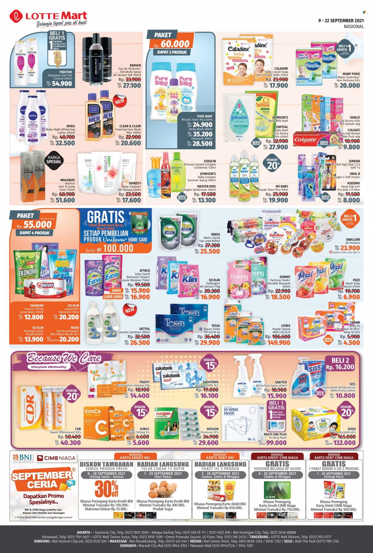 thumbnail - Promo LOTTE Mart - 09/09/2021 - 09/22/2021 - Produk diskon - milk, tissue, so klin, fruit, body wash, wipes, zwitsal, toilet, top, surface, swallow, telur, tessa, soap, rinso, sakatonik, sensi, shampoo, sikat, pantene, pewangi, piring, lg, lifree, liquid soap, lotion, mamy poko, mask, multivitamins, my baby, nivea, nuvo, oral b, popok celana, milk bath, minyak, minyak telon, jeruk, jeruk nipis, honey, charm, harga mulai, eskulin, frozen, dettol, downy, eau de parfume, d3, celana, cleanser, colgate, caladine, body spray, barbie, bath, ball. Halaman 8.