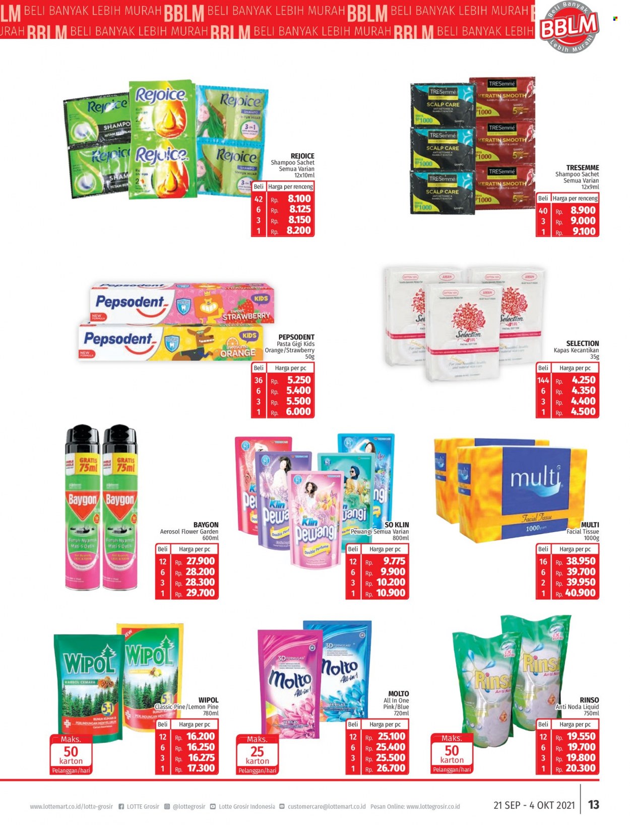 thumbnail - Promo LOTTE Grosir - 09/21/2021 - 10/04/2021 - Produk diskon - tissue, so klin, wipol, rinso, sham, shampoo, pepsodent, pine, lemon, keratin, baygon, aerosol. Halaman 13.