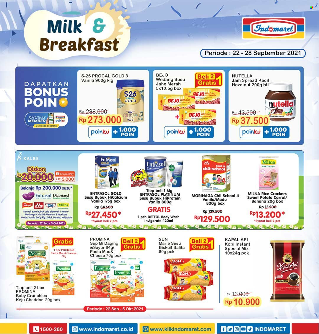 thumbnail - Promo Indomaret - 09/22/2021 - 09/28/2021 - Produk diskon - milk, rice, body wash, sun, nutella, kapal, cheddar, gold, gold rice, dettol, crackers, box. Halaman 1.