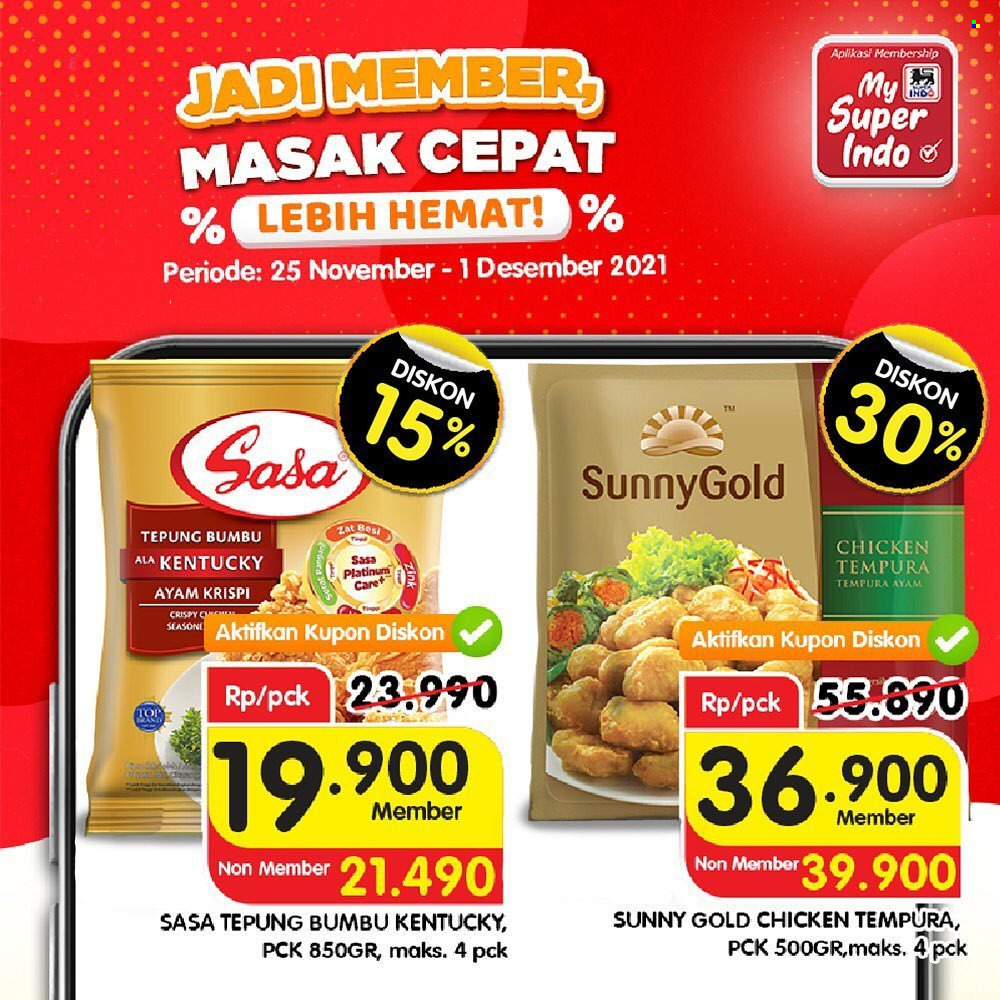 Promo Super INDO - 11/25/2021 - 12/01/2021 - Produk diskon - chicken, top, tepung, gold, ayam. Halaman 1.