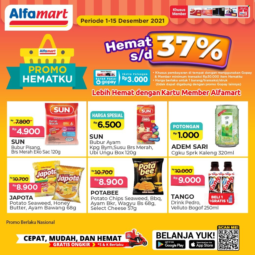 Promo Alfamart - 12/01/2021 - 12/15/2021 - Produk diskon - sun, tango, potato chips, pisang, chips, honey, butter, beras, box, bawang, adem sari, drink, ayam. Halaman 1.