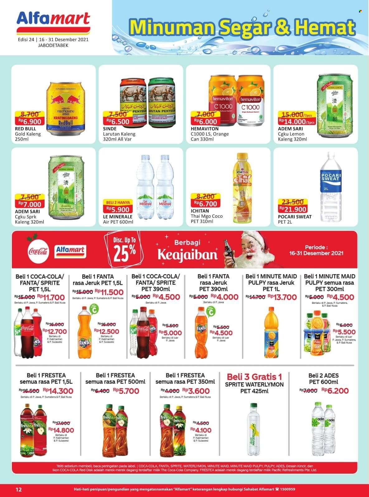 Promo Alfamart - 12/16/2021 - 12/31/2021 - Produk diskon - sprite, pet, lemon, minute maid, jeruk, gold, coca-cola, coco, adem sari. Halaman 12.