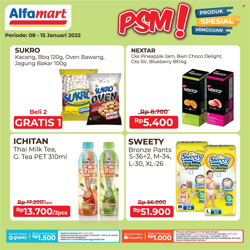 Promo Alfamart - 01/08/2022 - 01/15/2022 - Produk diskon - milk, sweety, tea, pants, pet, pineapple, oven, kacang, bawang. Halaman 1.