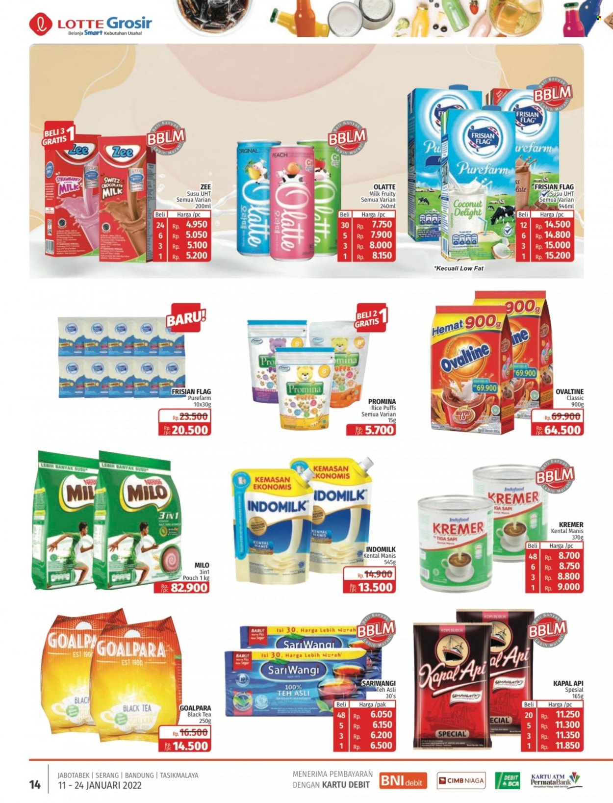 thumbnail - Promo LOTTE Grosir - 01/11/2022 - 01/24/2022 - Produk diskon - milk, rice, indomilk, tea, puffs, nestlé, kapal, indofood, chocolate. Halaman 14.