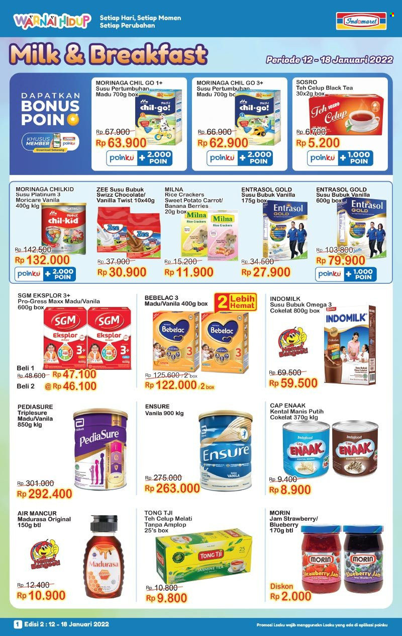 thumbnail - Promo Indomaret - 01/12/2022 - 01/18/2022 - Produk diskon - milk, rice, indomilk, tong, tea, omega-3, indofood, chocolate, gold, crackers, cap, box. Halaman 2.