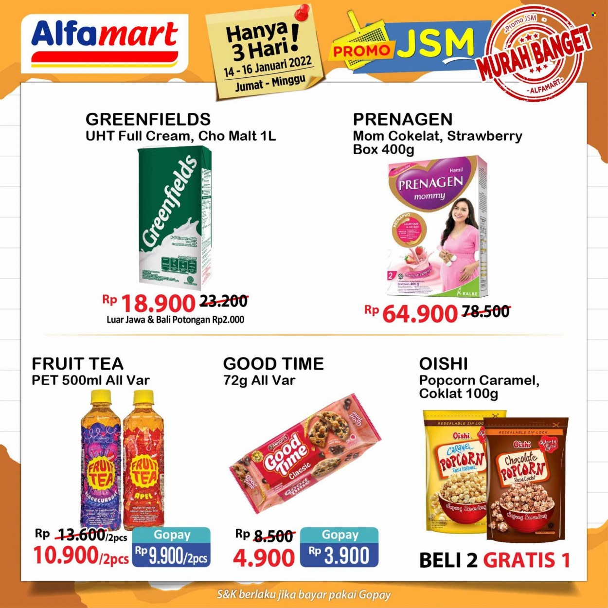 Promo Alfamart - 01/14/2022 - 01/16/2022 - Produk diskon - milk, fruit, tea, pet, popcorn, caramel, box, apel. Halaman 6.