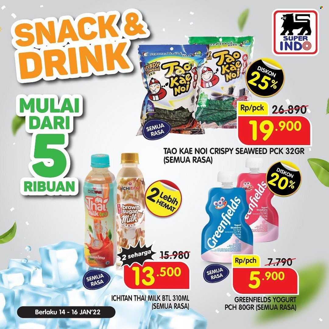 thumbnail - Promo Super INDO - 01/14/2022 - 01/16/2022 - Produk diskon - milk, yogurt, sugar, tea, brown sugar, drink, snack. Halaman 1.