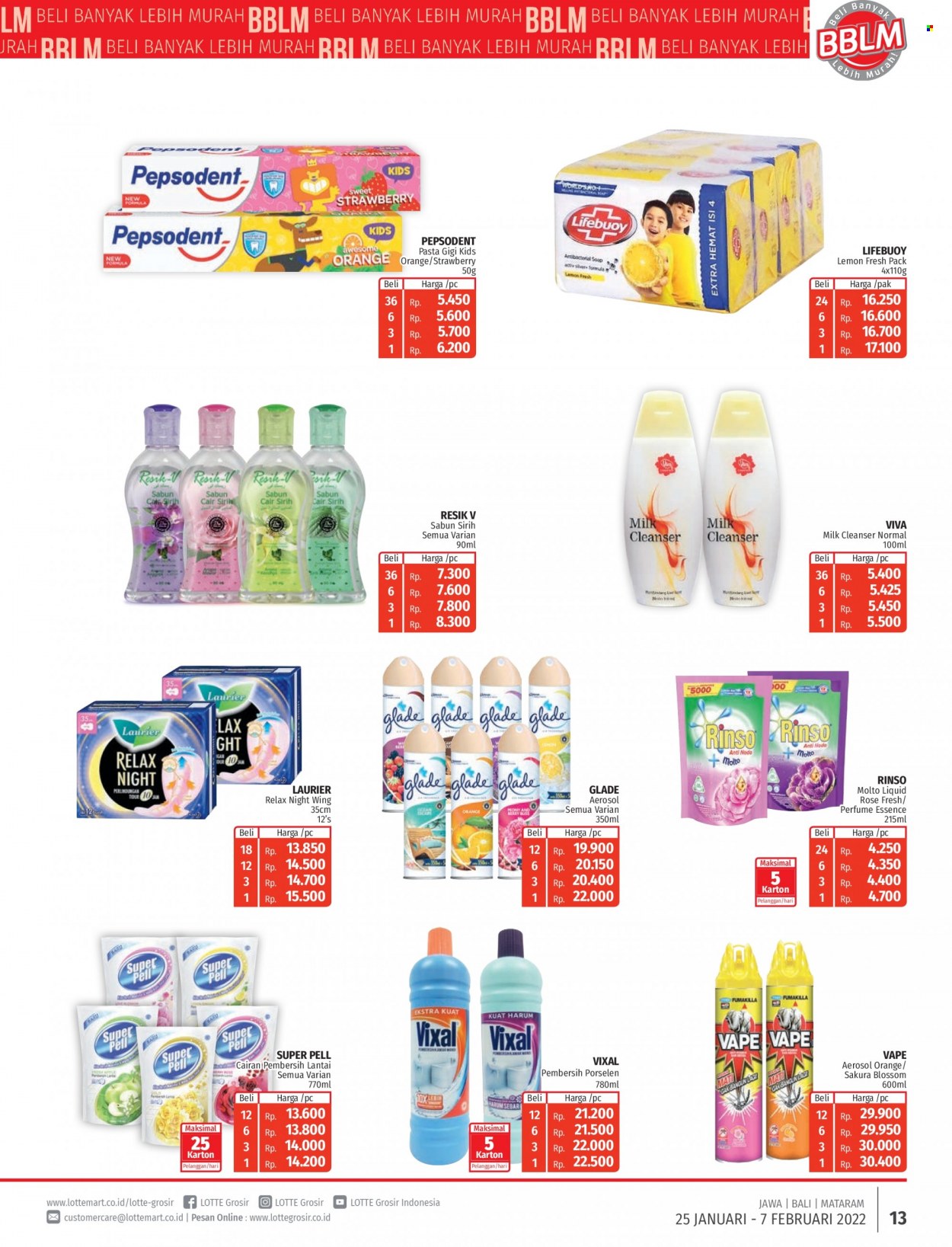 thumbnail - Promo LOTTE Grosir - 01/25/2022 - 02/07/2022 - Produk diskon - milk, rinso, sabun, pepsodent, lemon, lifebuoy, laurier, cleanser, aerosol. Halaman 13.