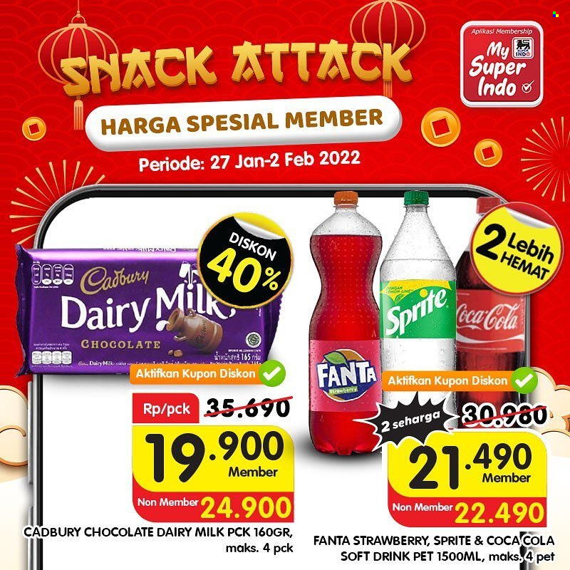 thumbnail - Promo Super INDO - 01/27/2022 - 02/02/2022 - Produk diskon - milk, sprite, pet, chocolate, coca-cola, cadbury, drink, snack. Halaman 1.