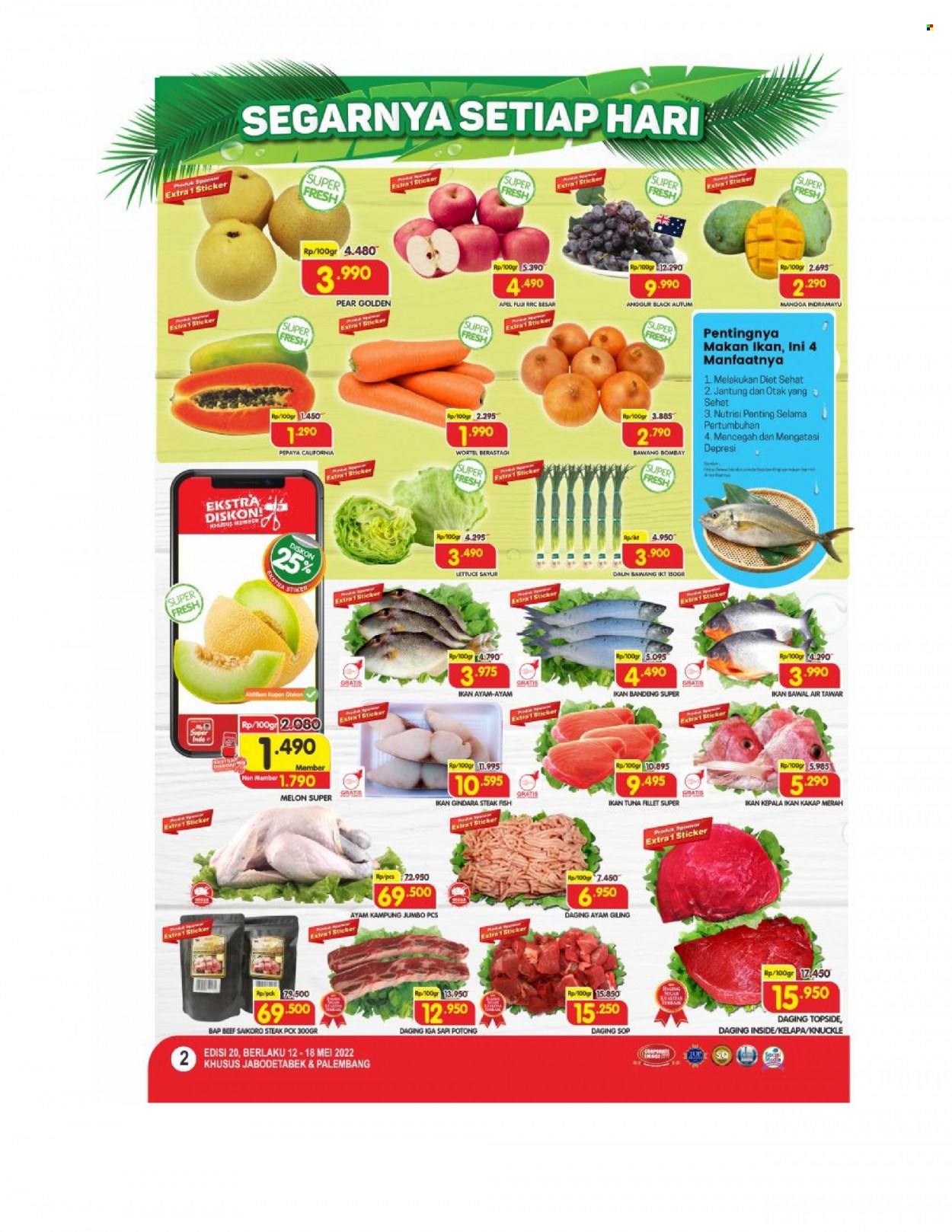 Promo Super INDO - 05/12/2022 - 05/18/2022 - Produk diskon - beef, wortel, tuna, pepaya, knuckle, melon, kakap merah, beef meat, beef steak, bawang, apel, ayam. Halaman 2.