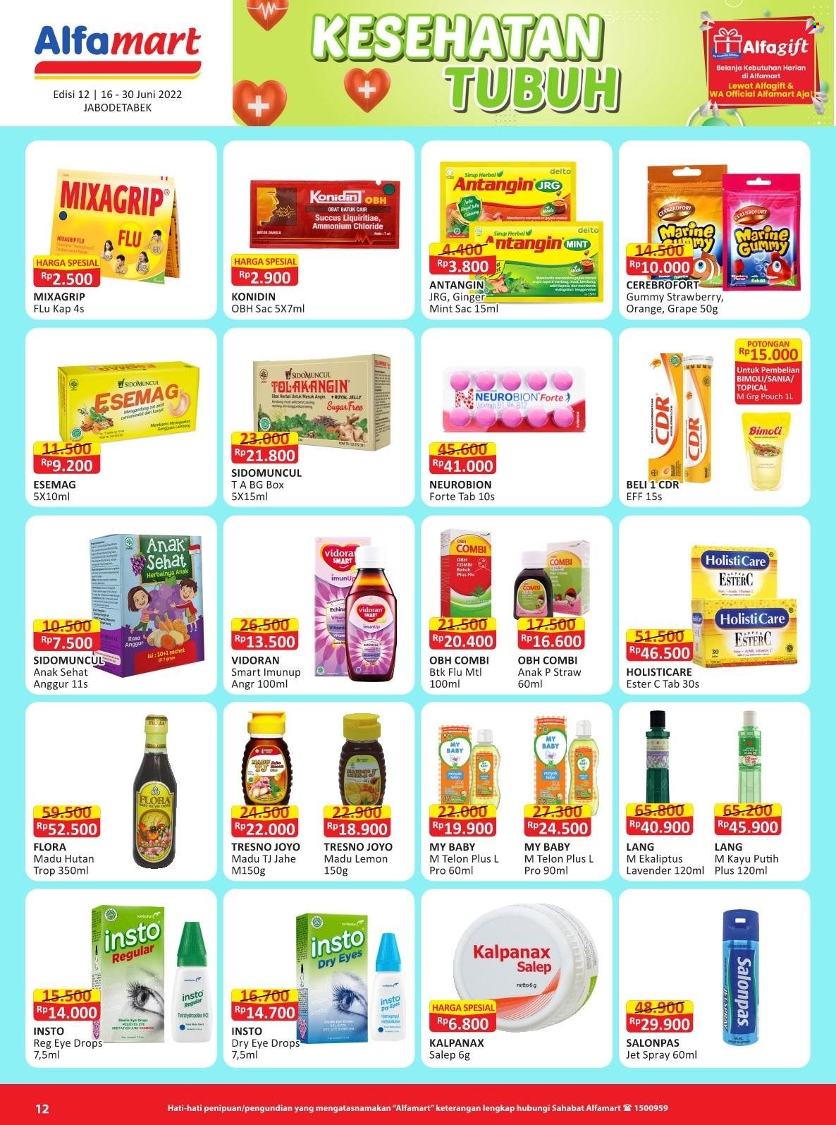 thumbnail - Promo Alfamart - 06/16/2022 - 06/30/2022 - Produk diskon - vidoran, sugar, salonpas, lemon, my baby, mint, eye drops, ginger, box, anggur, anak. Halaman 12.