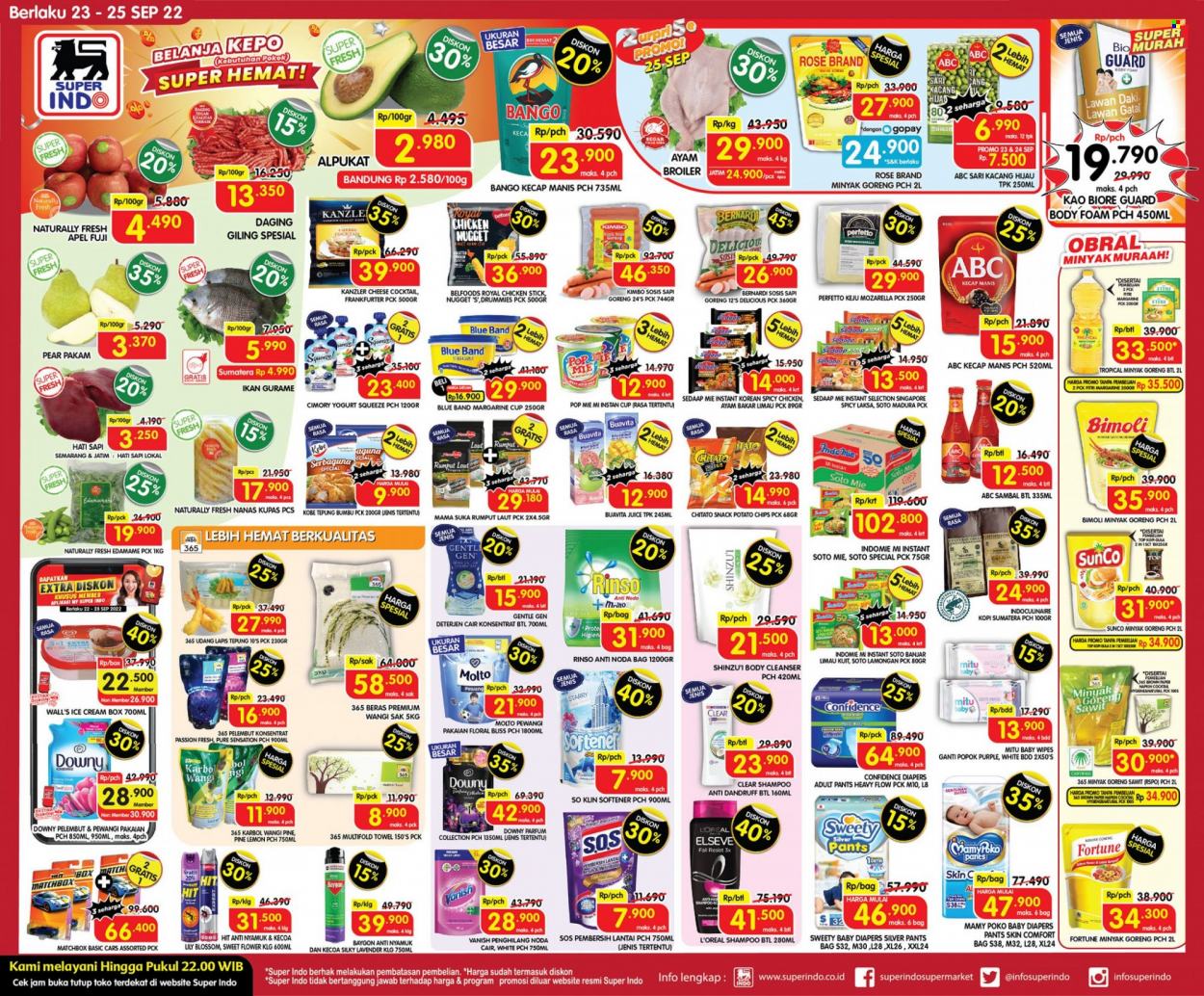 thumbnail - Promo Super INDO - 09/23/2022 - 09/25/2022 - Produk diskon - chicken, kimbo sosis, so klin, snack potato, goreng, wipes, yogurt, top, towel, ukuran, sweety, tepung, softener, sosis sapi goreng, rinso, sambal, serbaguna, shampoo, potato chips, pants, pewangi, pine, lemon, l'oréal, mamy poko, margarine, matchbox, mozarella, nanas, naturally, kecap manis, minyak, minyak goreng, mitu, kacang, kacang hijau, ice cream, indomie, chips, hit, harga mulai, downy, edamame, daging giling, cimory, cleanser, collection, beras, body foam, box, bag, band, bango, baygon, anti nyamuk, apel, alpukat, snack, broiler, ayam. Halaman 1.